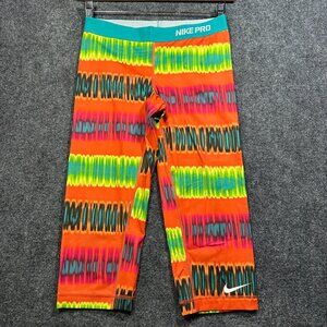 Nike Pro Pants Womens Medium Orange Stripe Stretch Compression Yoga Run Crop
